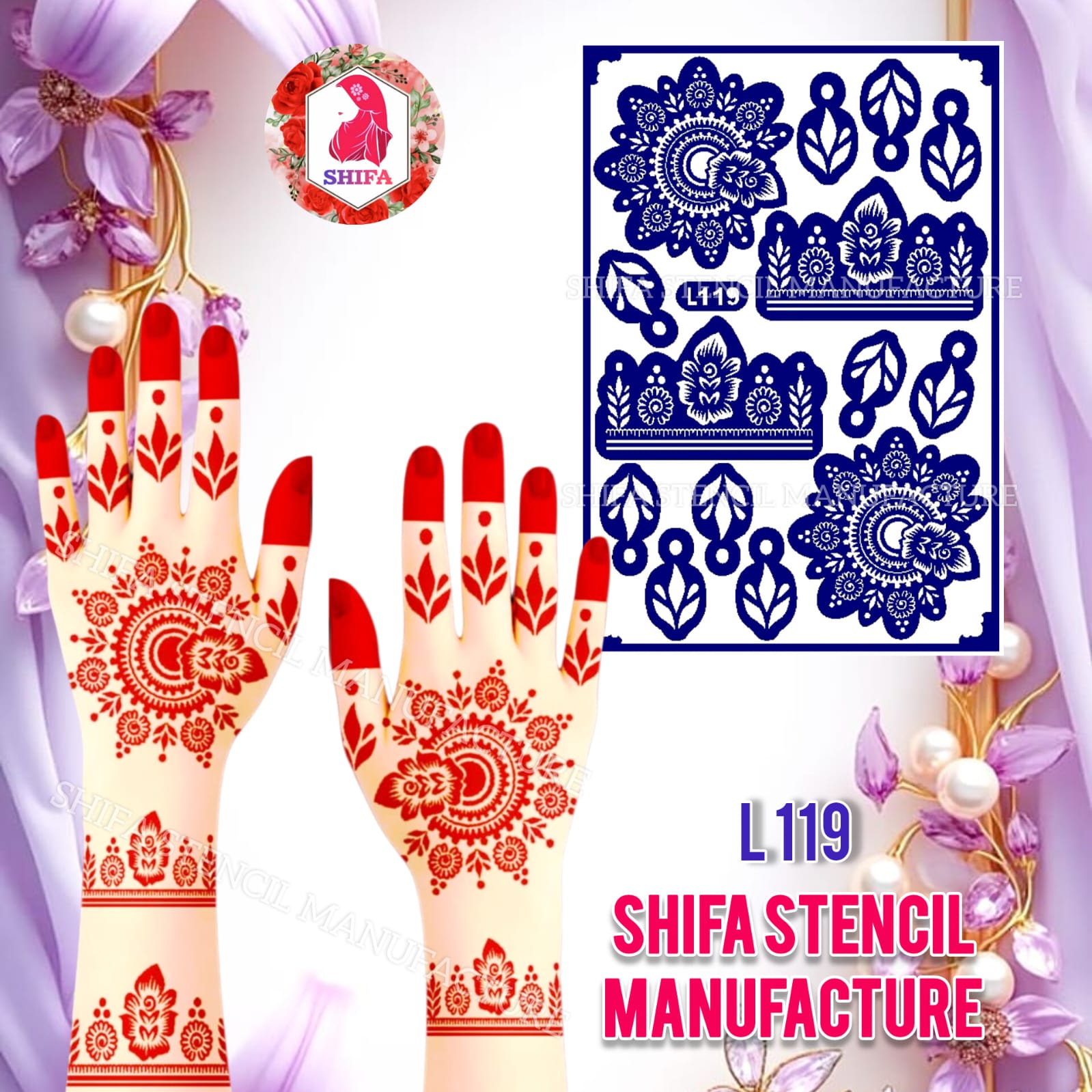 L119 – Crescent Bloom Elegance Sticker Overview Henna Stencil - Shifa Stencil